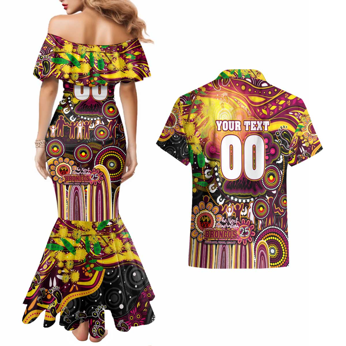 Personalised NAIDOC Week 2025 Broncos Rugby Couples Matching Mermaid Dress and Hawaiian Shirt Aboriginal Dot Painting