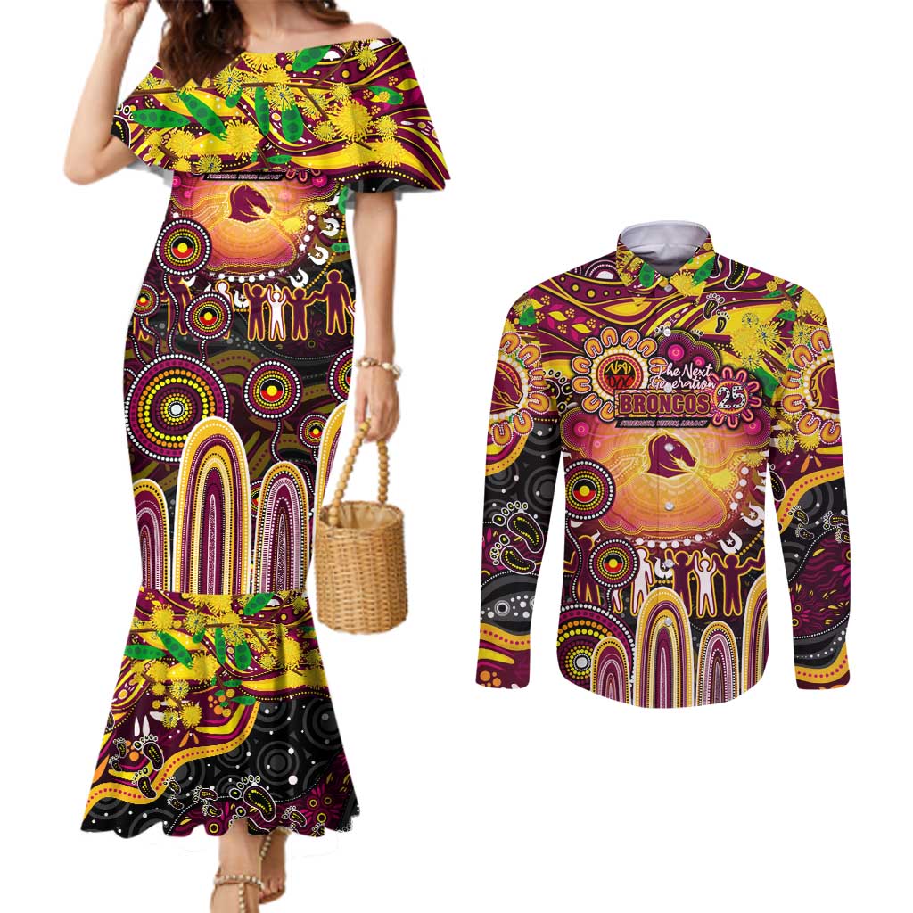 Personalised NAIDOC Week 2025 Broncos Rugby Couples Matching Mermaid Dress and Long Sleeve Button Shirt Aboriginal Dot Painting