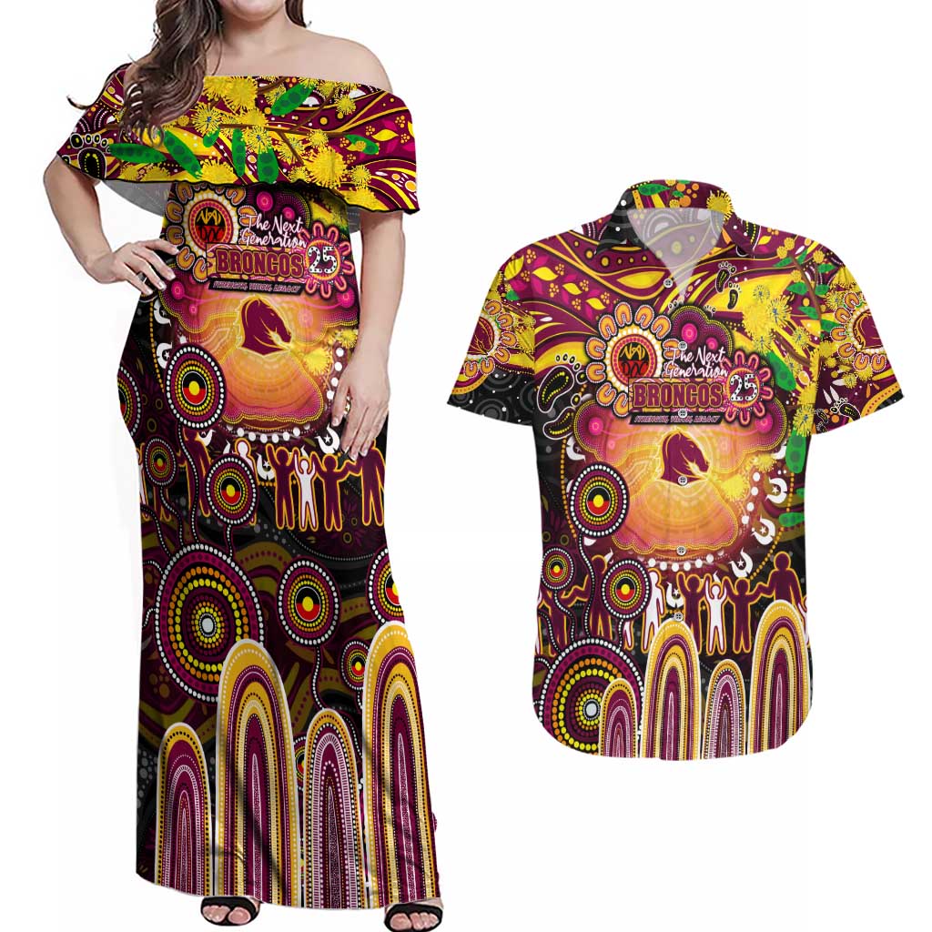 Personalised NAIDOC Week 2025 Broncos Rugby Couples Matching Off Shoulder Maxi Dress and Hawaiian Shirt Aboriginal Dot Painting