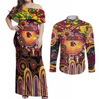Personalised NAIDOC Week 2025 Broncos Rugby Couples Matching Off Shoulder Maxi Dress and Long Sleeve Button Shirt Aboriginal Dot Painting