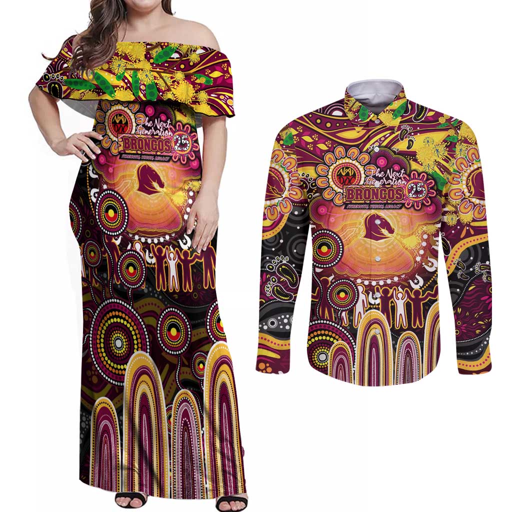 Personalised NAIDOC Week 2025 Broncos Rugby Couples Matching Off Shoulder Maxi Dress and Long Sleeve Button Shirt Aboriginal Dot Painting