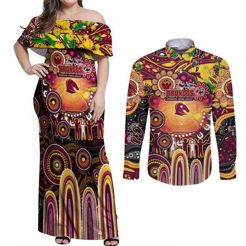 Personalised NAIDOC Week 2025 Broncos Rugby Couples Matching Off Shoulder Maxi Dress and Long Sleeve Button Shirt Aboriginal Dot Painting