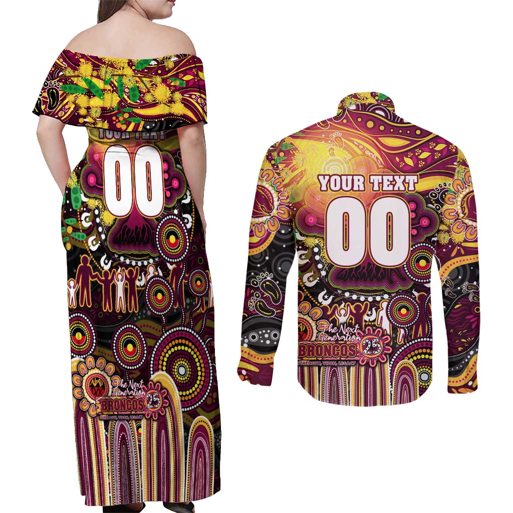 Personalised NAIDOC Week 2025 Broncos Rugby Couples Matching Off Shoulder Maxi Dress and Long Sleeve Button Shirt Aboriginal Dot Painting