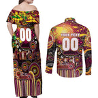 Personalised NAIDOC Week 2025 Broncos Rugby Couples Matching Off Shoulder Maxi Dress and Long Sleeve Button Shirt Aboriginal Dot Painting