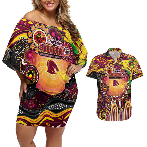 Personalised NAIDOC Week 2025 Broncos Rugby Couples Matching Off Shoulder Short Dress and Hawaiian Shirt Aboriginal Dot Painting