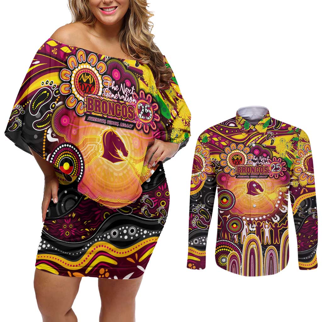 Personalised NAIDOC Week 2025 Broncos Rugby Couples Matching Off Shoulder Short Dress and Long Sleeve Button Shirt Aboriginal Dot Painting