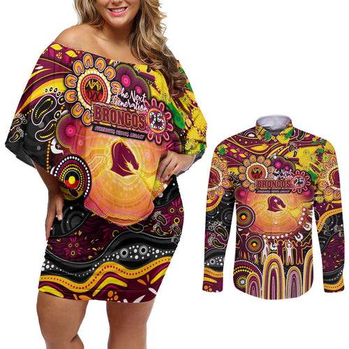 Personalised NAIDOC Week 2025 Broncos Rugby Couples Matching Off Shoulder Short Dress and Long Sleeve Button Shirt Aboriginal Dot Painting