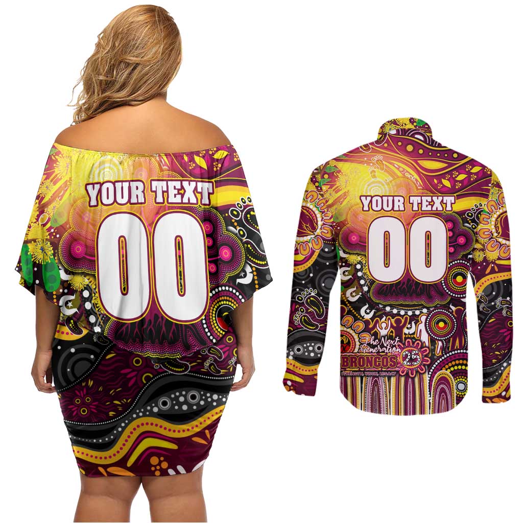 Personalised NAIDOC Week 2025 Broncos Rugby Couples Matching Off Shoulder Short Dress and Long Sleeve Button Shirt Aboriginal Dot Painting