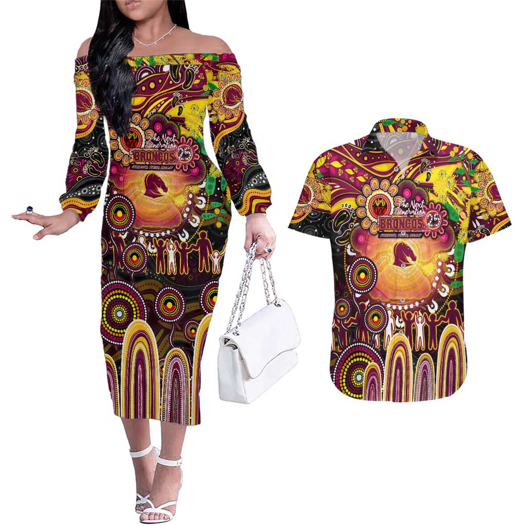 Personalised NAIDOC Week 2025 Broncos Rugby Couples Matching Off The Shoulder Long Sleeve Dress and Hawaiian Shirt Aboriginal Dot Painting