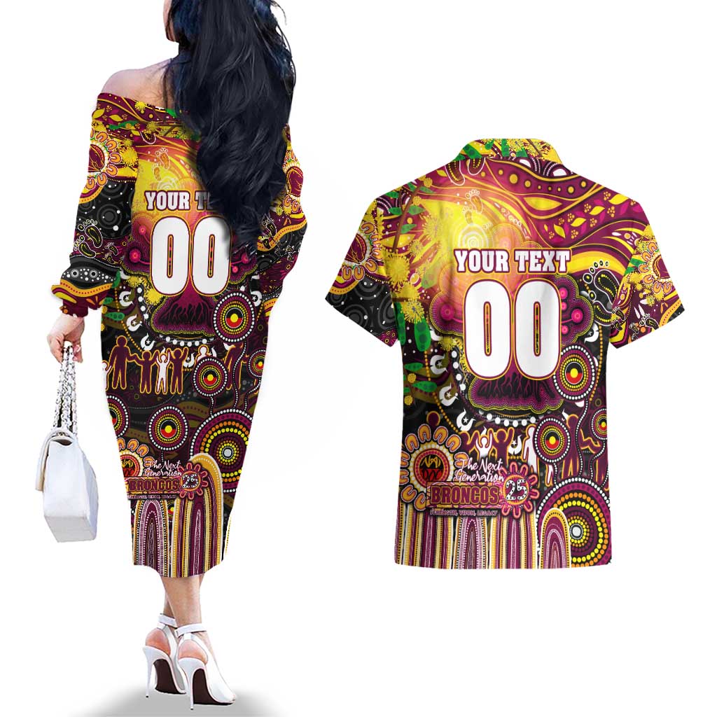 Personalised NAIDOC Week 2025 Broncos Rugby Couples Matching Off The Shoulder Long Sleeve Dress and Hawaiian Shirt Aboriginal Dot Painting