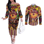 Personalised NAIDOC Week 2025 Broncos Rugby Couples Matching Off The Shoulder Long Sleeve Dress and Long Sleeve Button Shirt Aboriginal Dot Painting