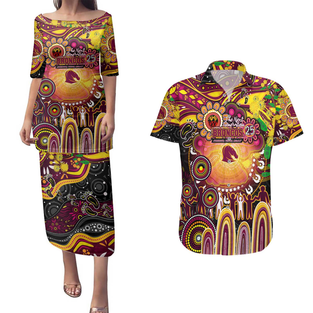 Personalised NAIDOC Week 2025 Broncos Rugby Couples Matching Puletasi and Hawaiian Shirt Aboriginal Dot Painting