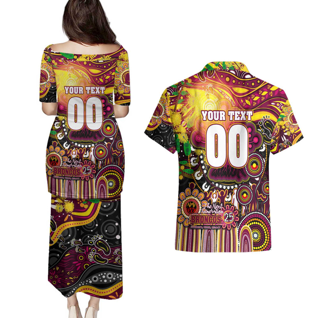 Personalised NAIDOC Week 2025 Broncos Rugby Couples Matching Puletasi and Hawaiian Shirt Aboriginal Dot Painting