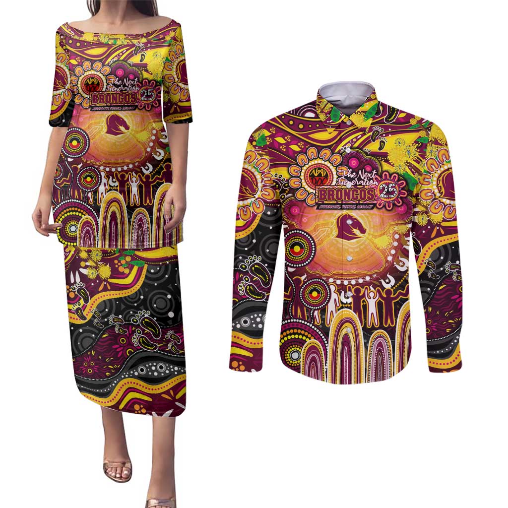 Personalised NAIDOC Week 2025 Broncos Rugby Couples Matching Puletasi and Long Sleeve Button Shirt Aboriginal Dot Painting