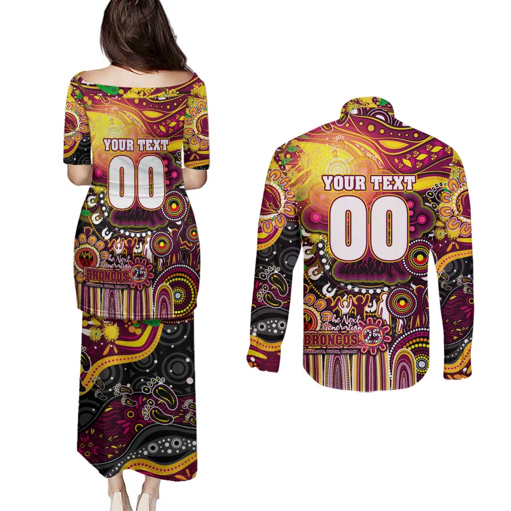Personalised NAIDOC Week 2025 Broncos Rugby Couples Matching Puletasi and Long Sleeve Button Shirt Aboriginal Dot Painting