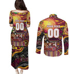 Personalised NAIDOC Week 2025 Broncos Rugby Couples Matching Puletasi and Long Sleeve Button Shirt Aboriginal Dot Painting