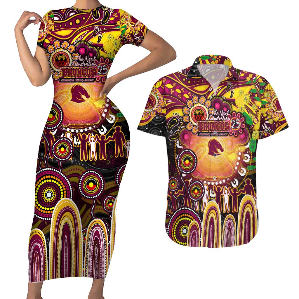 Personalised NAIDOC Week 2025 Broncos Rugby Couples Matching Short Sleeve Bodycon Dress and Hawaiian Shirt Aboriginal Dot Painting