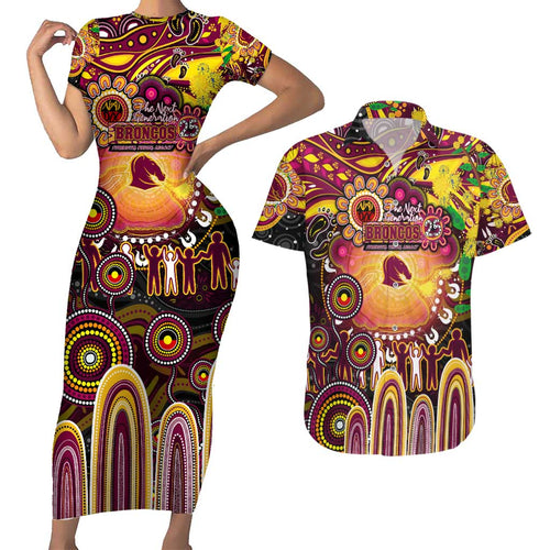 Personalised NAIDOC Week 2025 Broncos Rugby Couples Matching Short Sleeve Bodycon Dress and Hawaiian Shirt Aboriginal Dot Painting