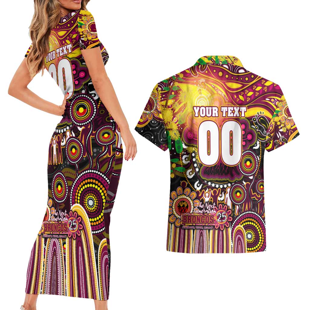 Personalised NAIDOC Week 2025 Broncos Rugby Couples Matching Short Sleeve Bodycon Dress and Hawaiian Shirt Aboriginal Dot Painting