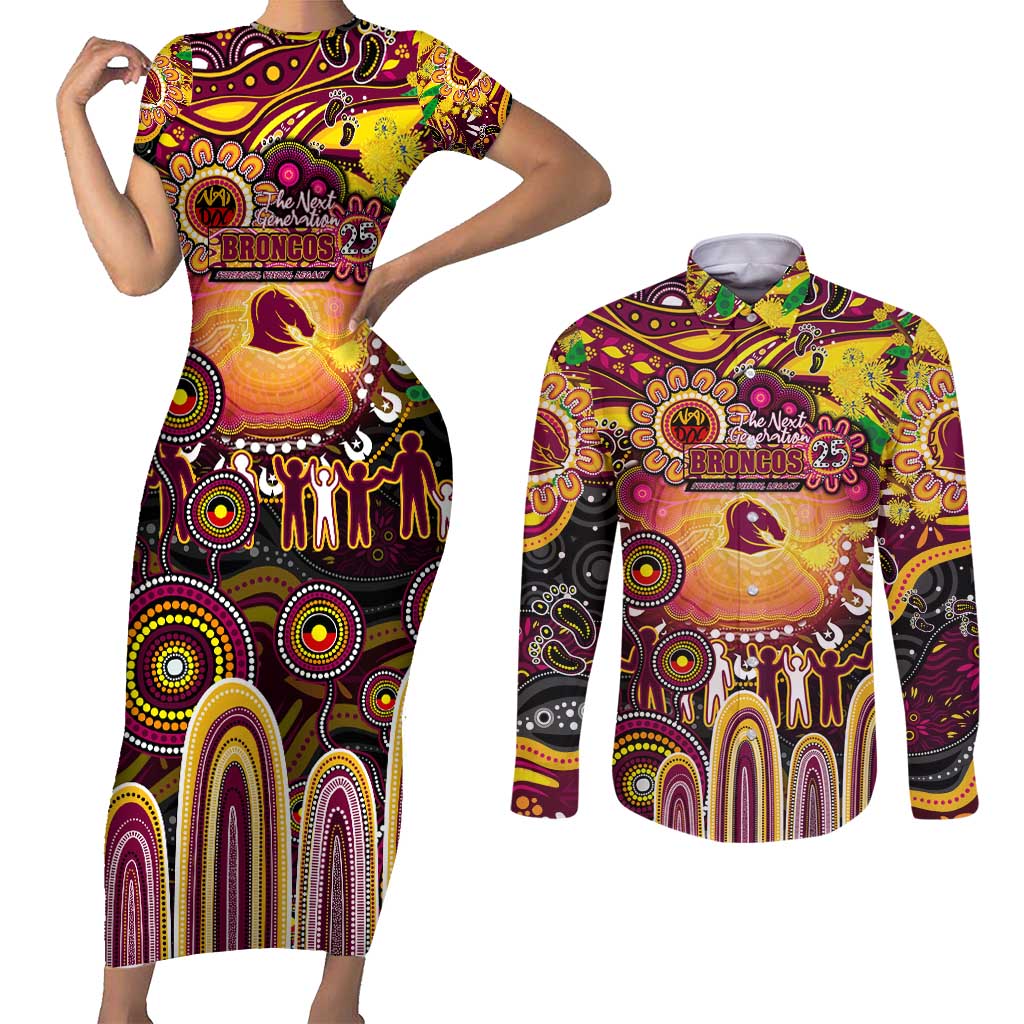 Personalised NAIDOC Week 2025 Broncos Rugby Couples Matching Short Sleeve Bodycon Dress and Long Sleeve Button Shirt Aboriginal Dot Painting