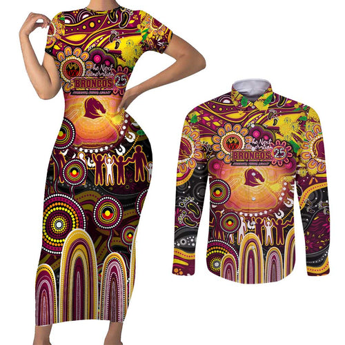 Personalised NAIDOC Week 2025 Broncos Rugby Couples Matching Short Sleeve Bodycon Dress and Long Sleeve Button Shirt Aboriginal Dot Painting