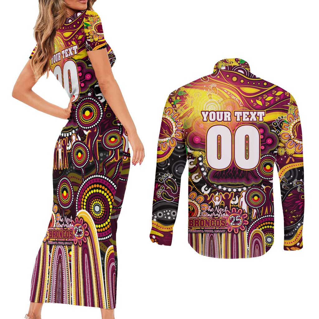Personalised NAIDOC Week 2025 Broncos Rugby Couples Matching Short Sleeve Bodycon Dress and Long Sleeve Button Shirt Aboriginal Dot Painting