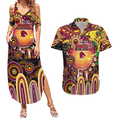 Personalised NAIDOC Week 2025 Broncos Rugby Couples Matching Summer Maxi Dress and Hawaiian Shirt Aboriginal Dot Painting