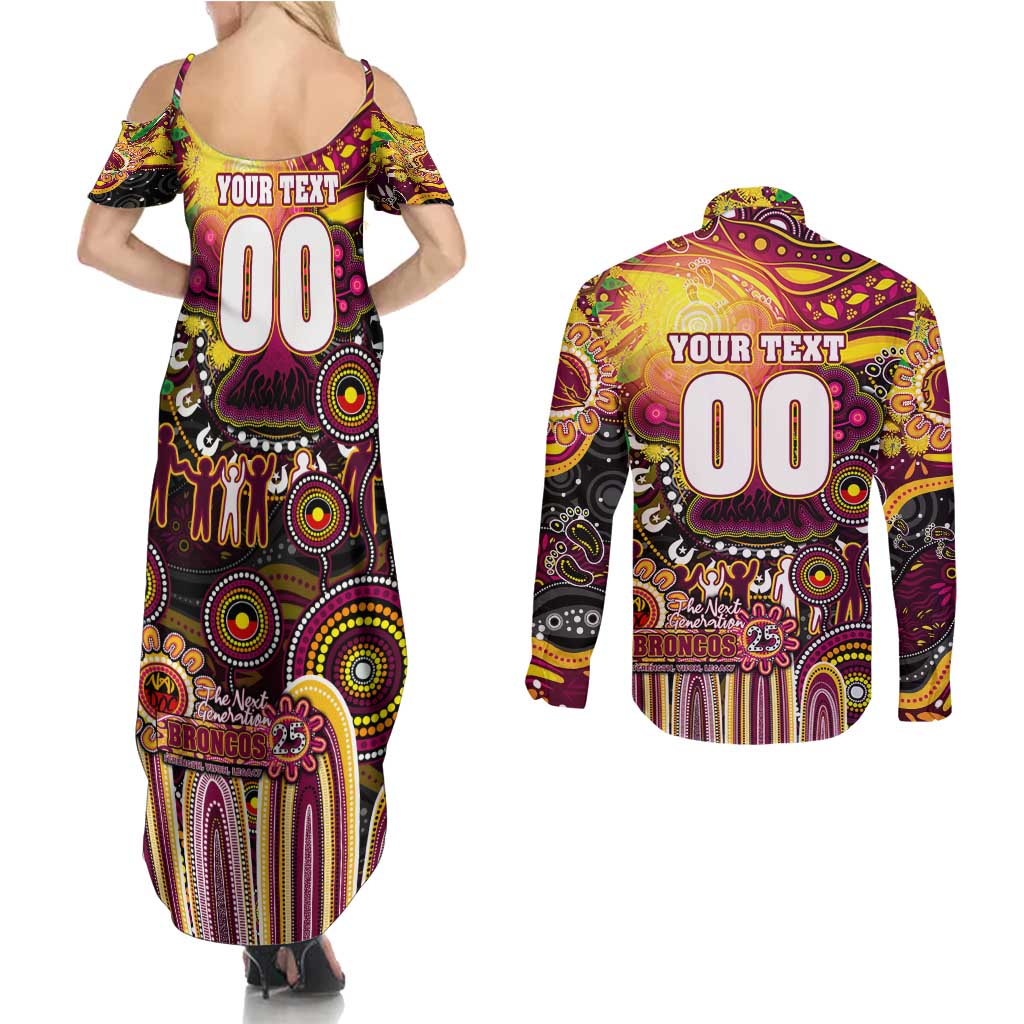 Personalised NAIDOC Week 2025 Broncos Rugby Couples Matching Summer Maxi Dress and Long Sleeve Button Shirt Aboriginal Dot Painting