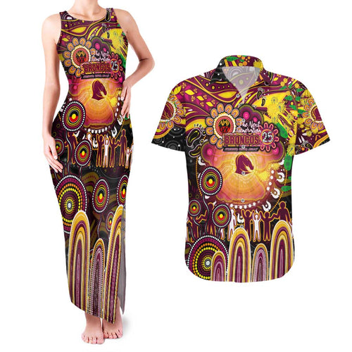 Personalised NAIDOC Week 2025 Broncos Rugby Couples Matching Tank Maxi Dress and Hawaiian Shirt Aboriginal Dot Painting