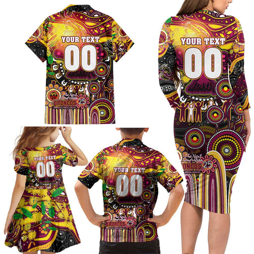Personalised NAIDOC Week 2025 Broncos Rugby Family Matching Long Sleeve Bodycon Dress and Hawaiian Shirt Aboriginal Dot Painting