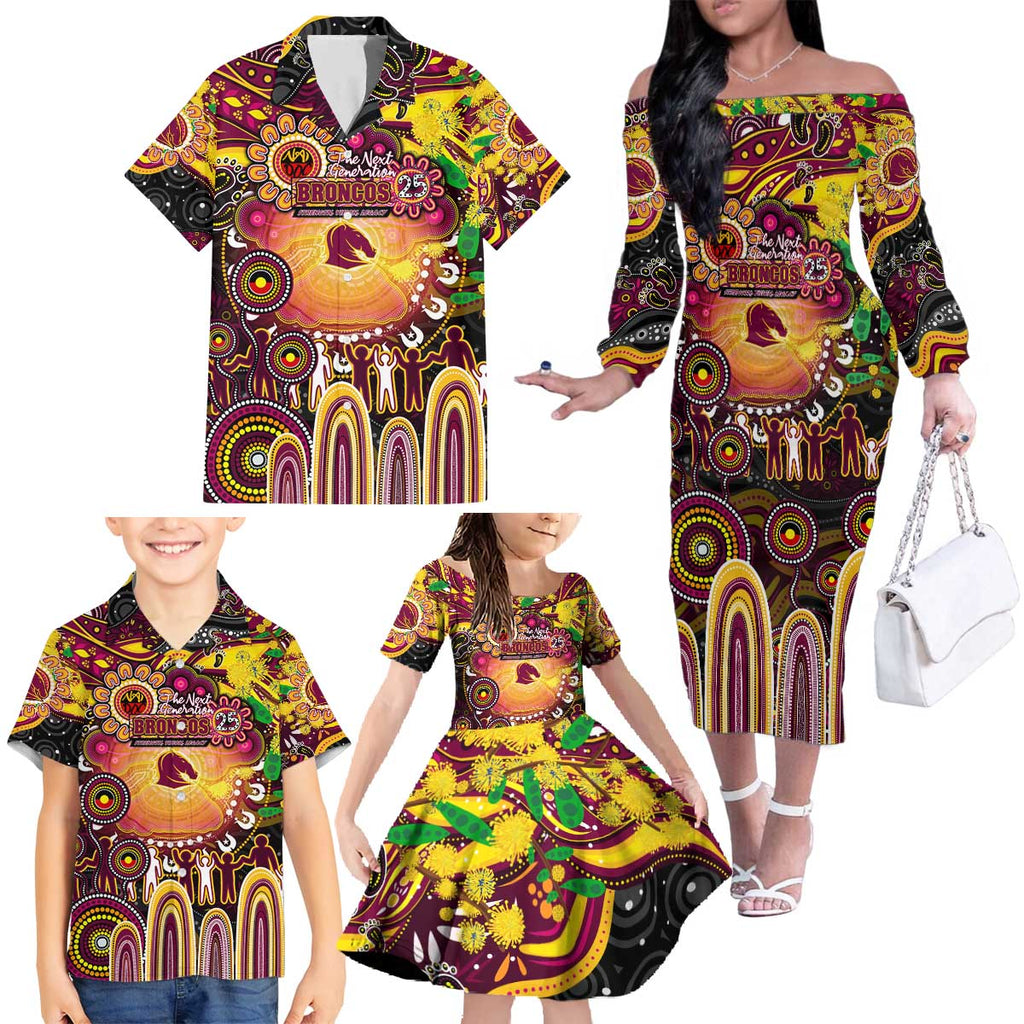 Personalised NAIDOC Week 2025 Broncos Rugby Family Matching Off The Shoulder Long Sleeve Dress and Hawaiian Shirt Aboriginal Dot Painting