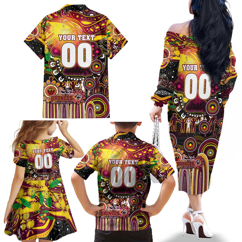 Personalised NAIDOC Week 2025 Broncos Rugby Family Matching Off The Shoulder Long Sleeve Dress and Hawaiian Shirt Aboriginal Dot Painting