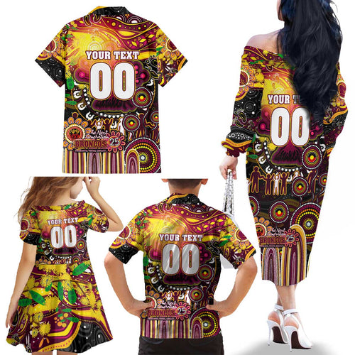 Personalised NAIDOC Week 2025 Broncos Rugby Family Matching Off The Shoulder Long Sleeve Dress and Hawaiian Shirt Aboriginal Dot Painting
