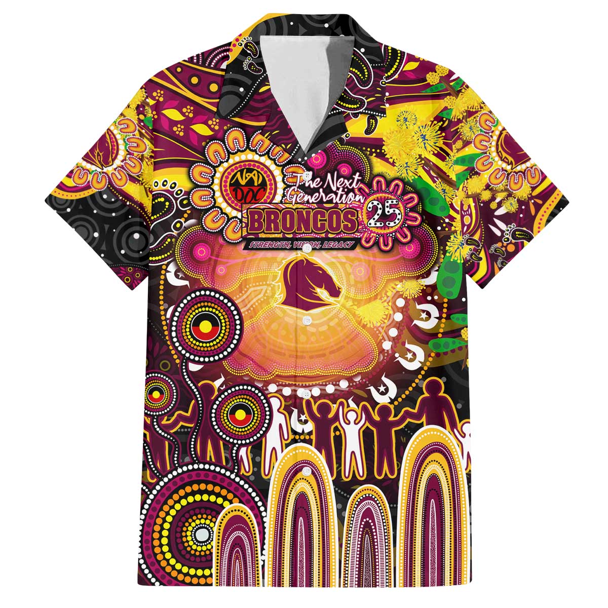 Personalised NAIDOC Week 2025 Broncos Rugby Family Matching Off The Shoulder Long Sleeve Dress and Hawaiian Shirt Aboriginal Dot Painting