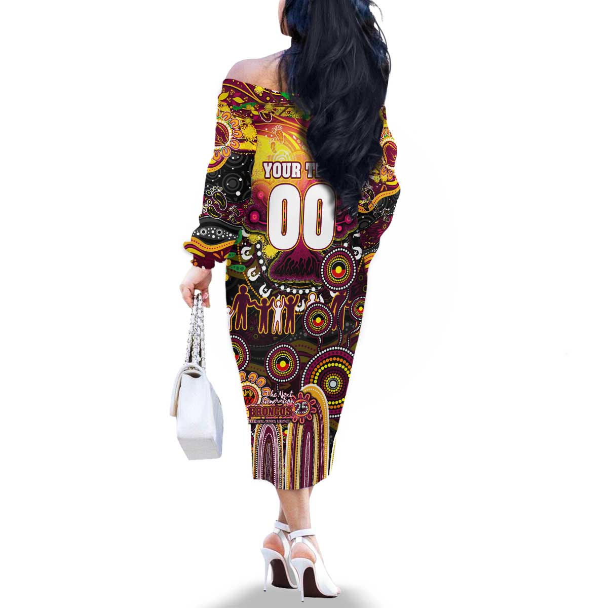 Personalised NAIDOC Week 2025 Broncos Rugby Family Matching Off The Shoulder Long Sleeve Dress and Hawaiian Shirt Aboriginal Dot Painting