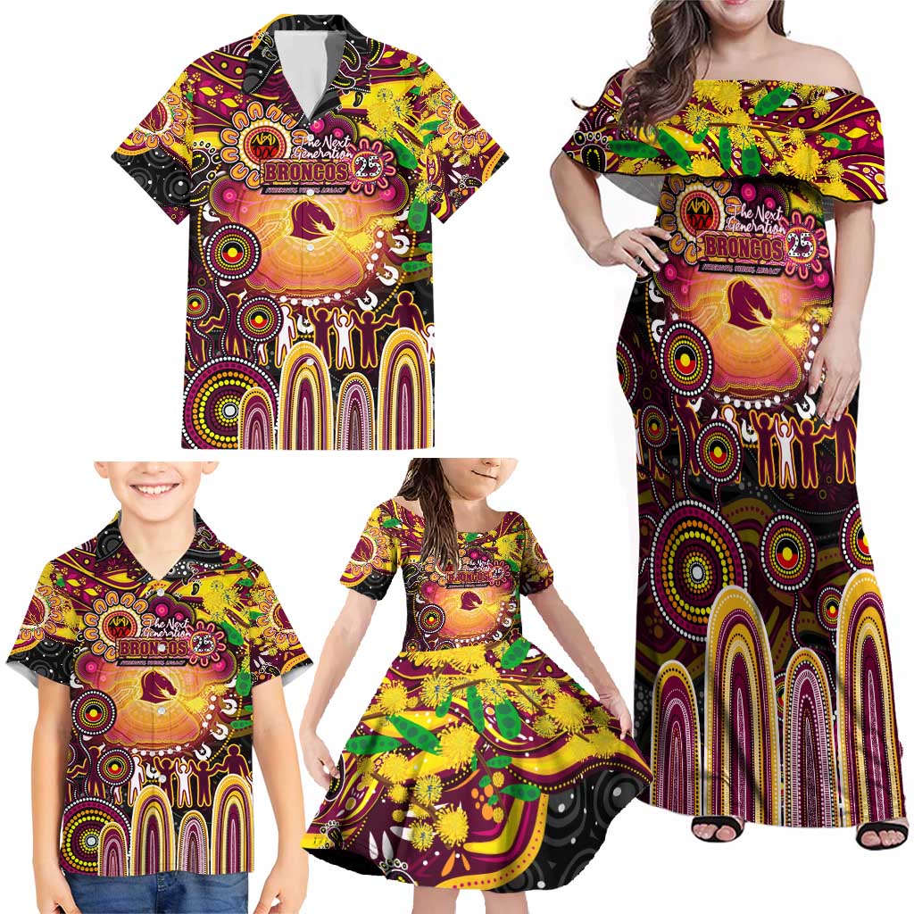 Personalised NAIDOC Week 2025 Broncos Rugby Family Matching Off Shoulder Maxi Dress and Hawaiian Shirt Aboriginal Dot Painting