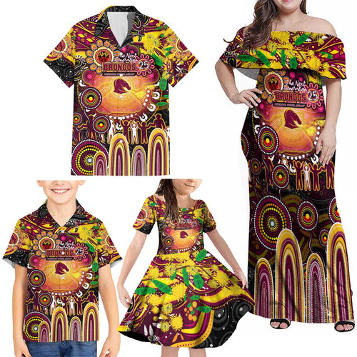 Personalised NAIDOC Week 2025 Broncos Rugby Family Matching Off Shoulder Maxi Dress and Hawaiian Shirt Aboriginal Dot Painting