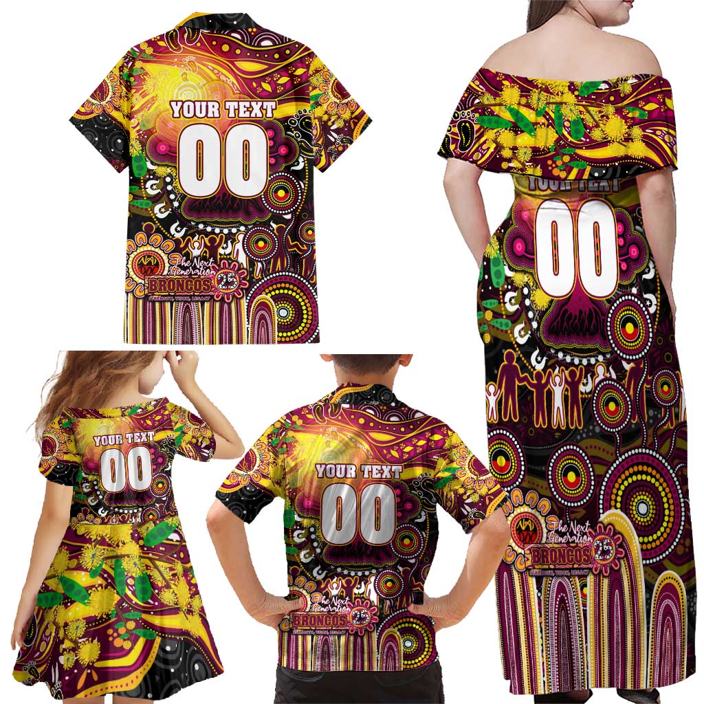 Personalised NAIDOC Week 2025 Broncos Rugby Family Matching Off Shoulder Maxi Dress and Hawaiian Shirt Aboriginal Dot Painting