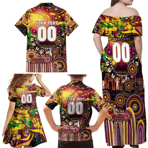 Personalised NAIDOC Week 2025 Broncos Rugby Family Matching Off Shoulder Maxi Dress and Hawaiian Shirt Aboriginal Dot Painting