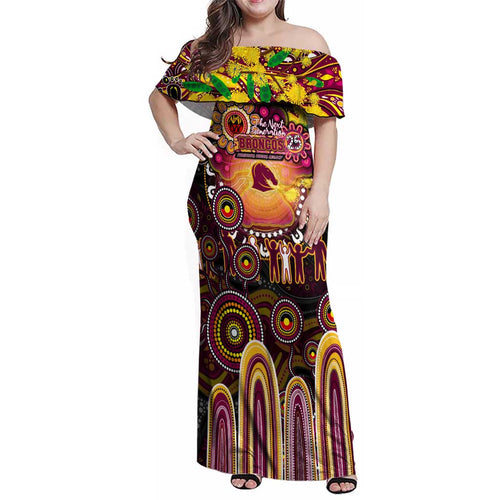 Personalised NAIDOC Week 2025 Broncos Rugby Family Matching Off Shoulder Maxi Dress and Hawaiian Shirt Aboriginal Dot Painting
