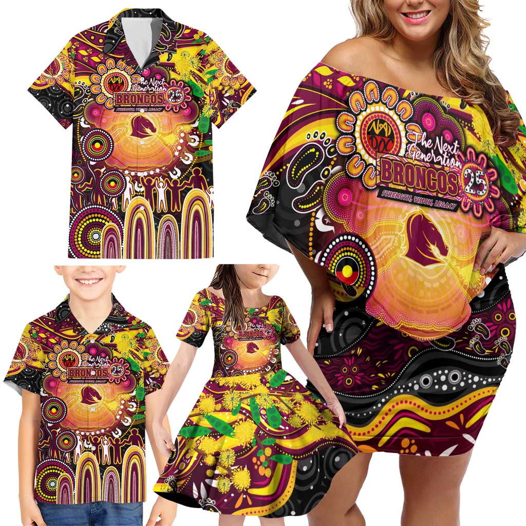 Personalised NAIDOC Week 2025 Broncos Rugby Family Matching Off Shoulder Short Dress and Hawaiian Shirt Aboriginal Dot Painting