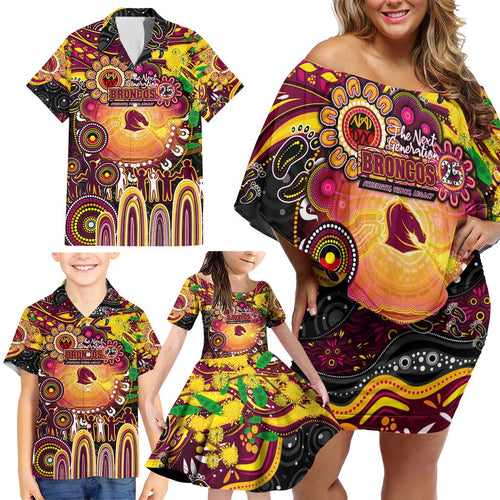 Personalised NAIDOC Week 2025 Broncos Rugby Family Matching Off Shoulder Short Dress and Hawaiian Shirt Aboriginal Dot Painting