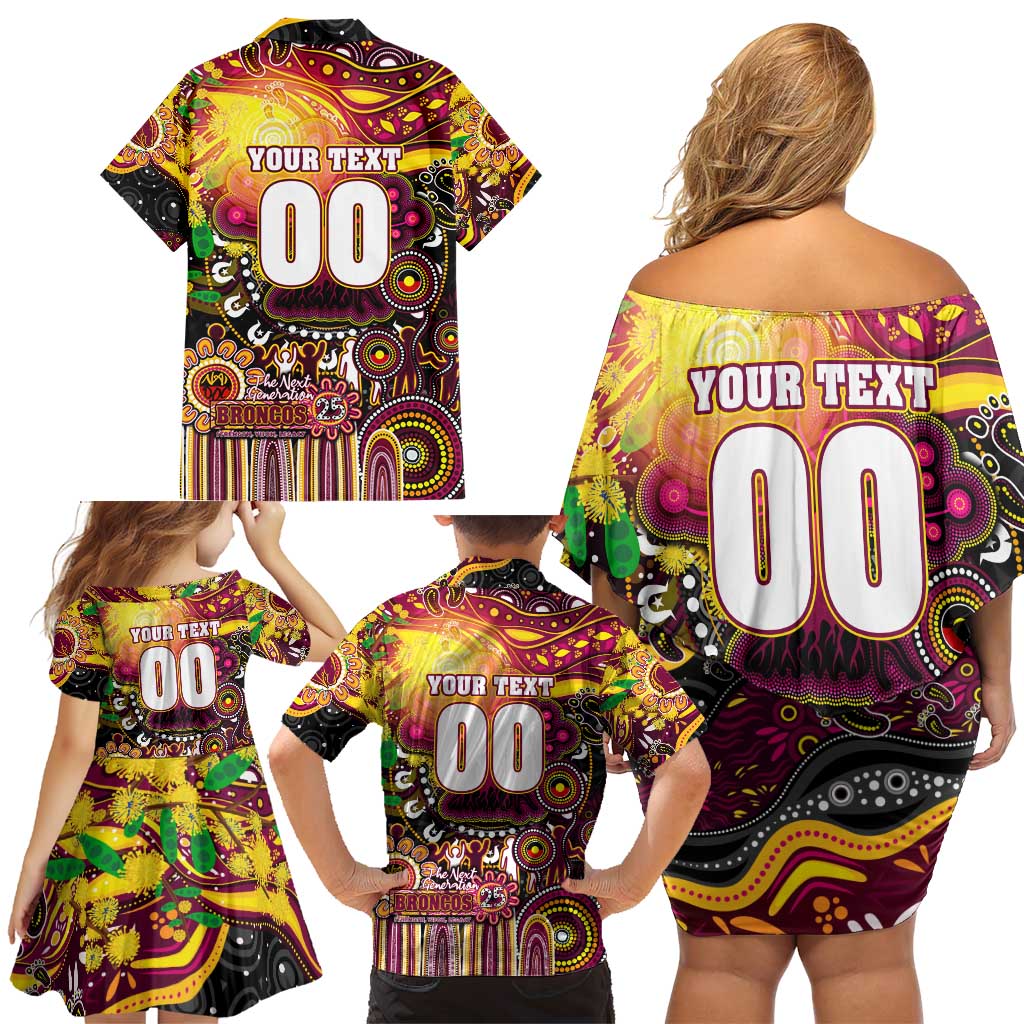 Personalised NAIDOC Week 2025 Broncos Rugby Family Matching Off Shoulder Short Dress and Hawaiian Shirt Aboriginal Dot Painting