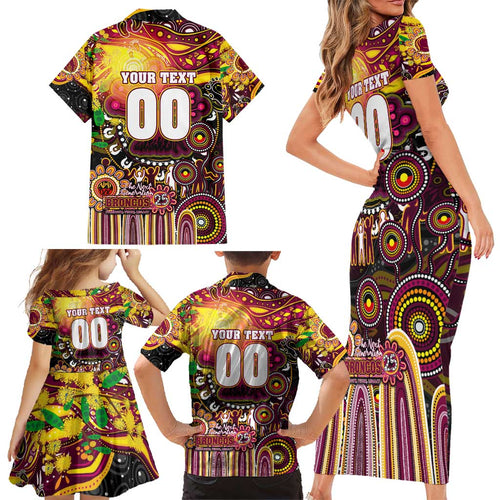 Personalised NAIDOC Week 2025 Broncos Rugby Family Matching Short Sleeve Bodycon Dress and Hawaiian Shirt Aboriginal Dot Painting