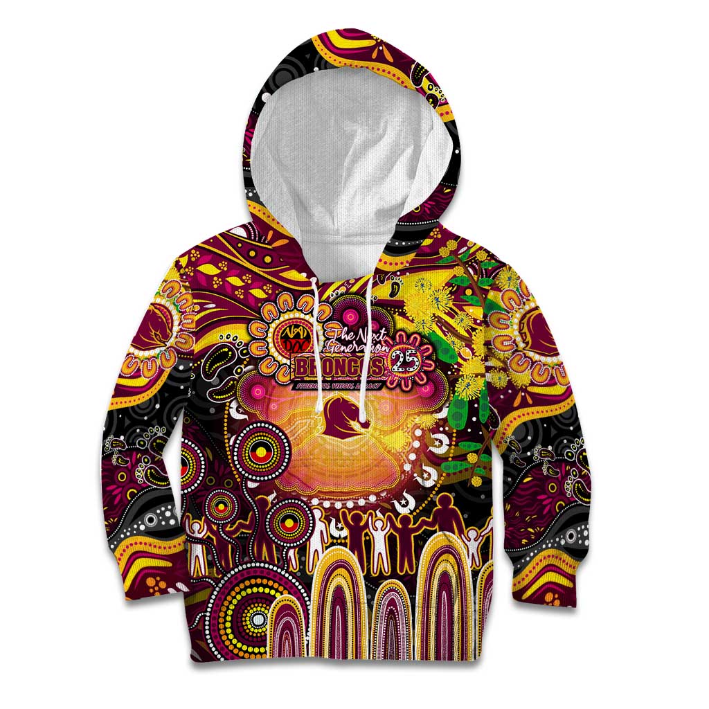 Personalised NAIDOC Week 2025 Broncos Rugby Kid Hoodie Aboriginal Dot Painting