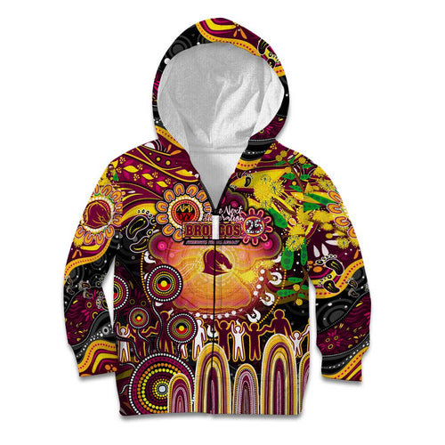 Personalised NAIDOC Week 2025 Broncos Rugby Kid Hoodie Aboriginal Dot Painting