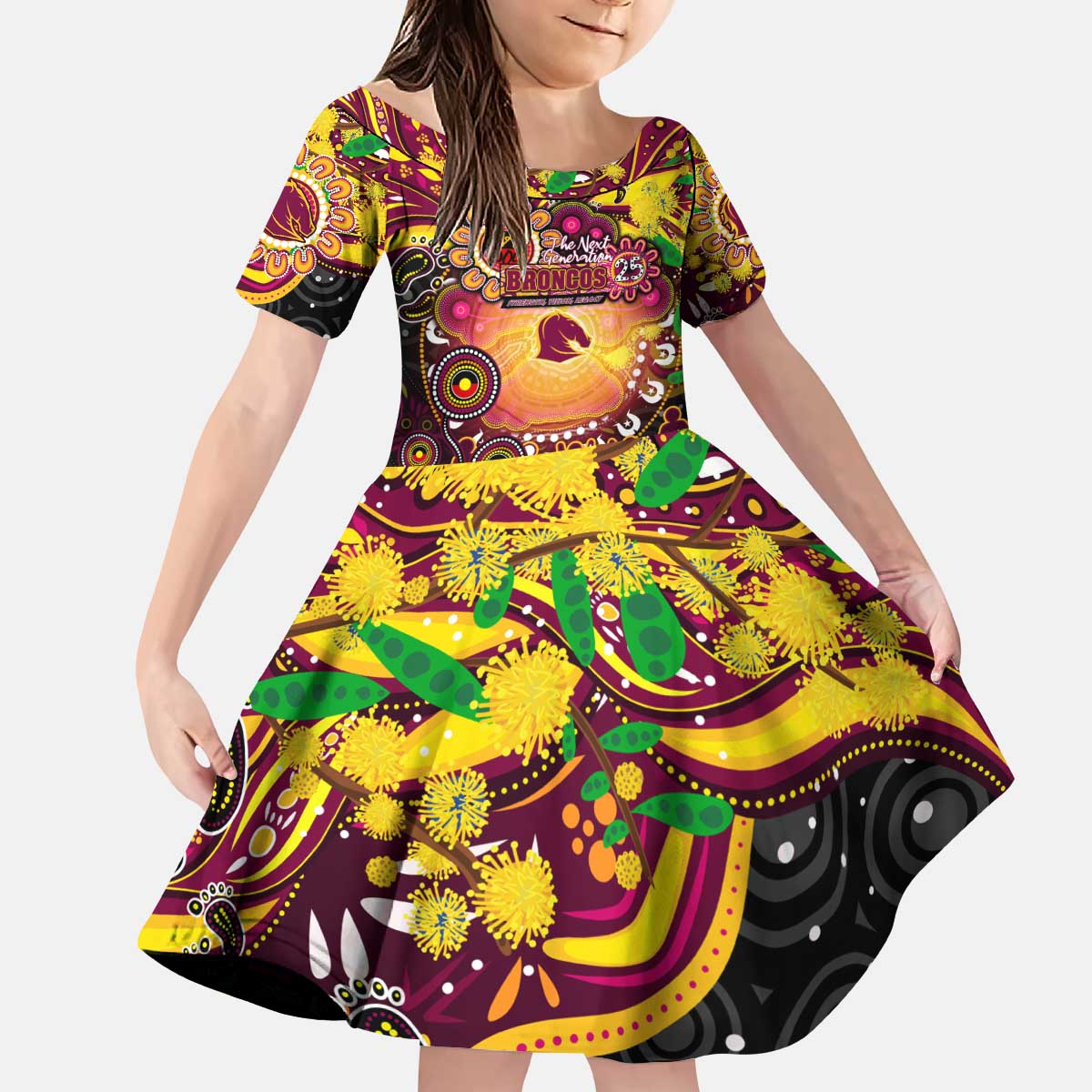Personalised NAIDOC Week 2025 Broncos Rugby Kid Short Sleeve Dress Aboriginal Dot Painting