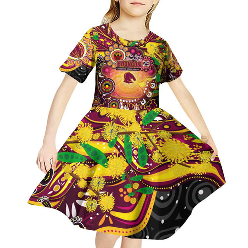 Personalised NAIDOC Week 2025 Broncos Rugby Kid Short Sleeve Dress Aboriginal Dot Painting