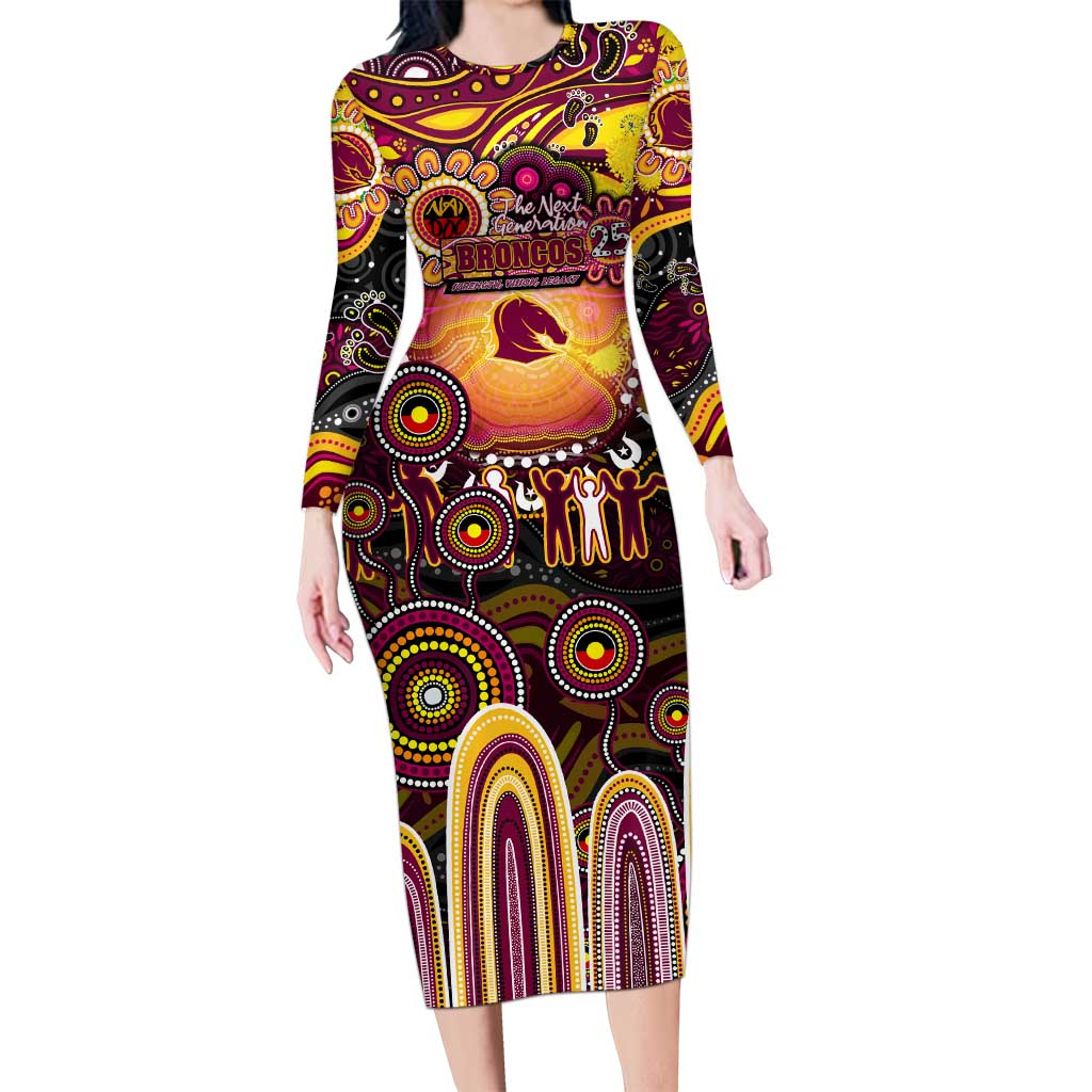 Personalised NAIDOC Week 2025 Broncos Rugby Long Sleeve Bodycon Dress Aboriginal Dot Painting