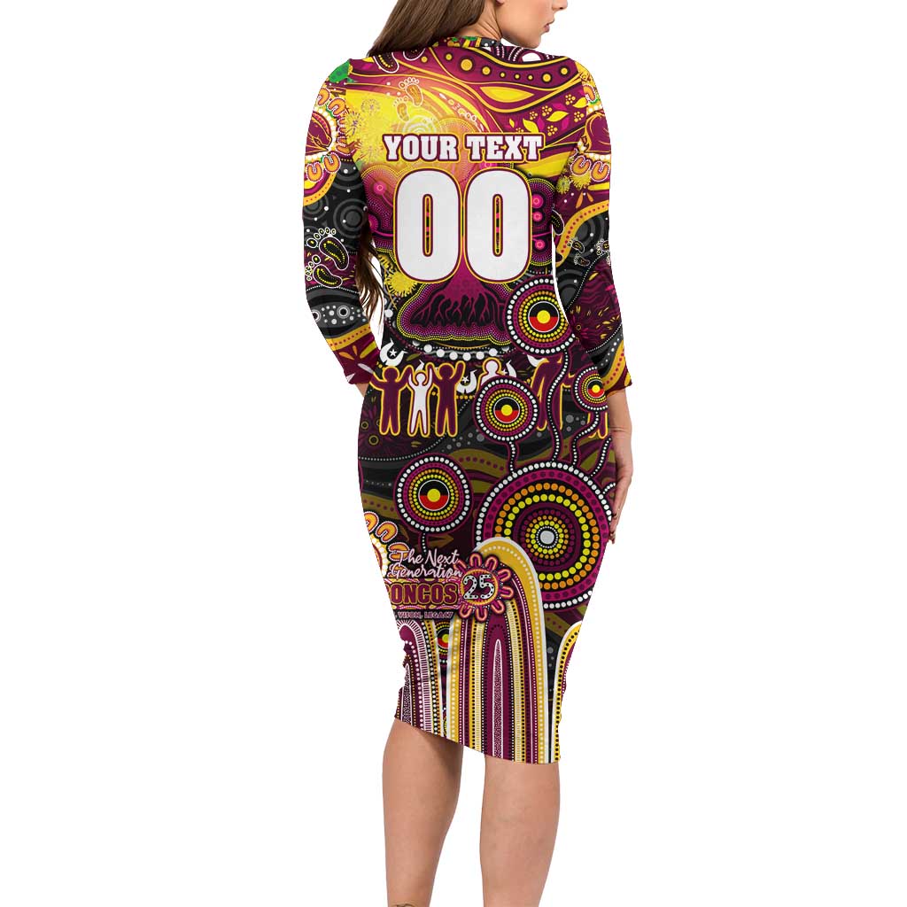 Personalised NAIDOC Week 2025 Broncos Rugby Long Sleeve Bodycon Dress Aboriginal Dot Painting